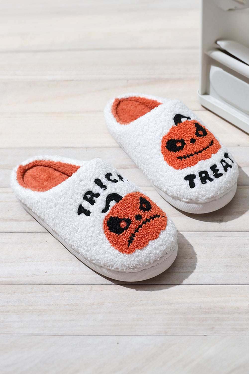 White Halloween Pumpkin Trick Or Treat Plush Slippers Slippers JT's Designer Fashion