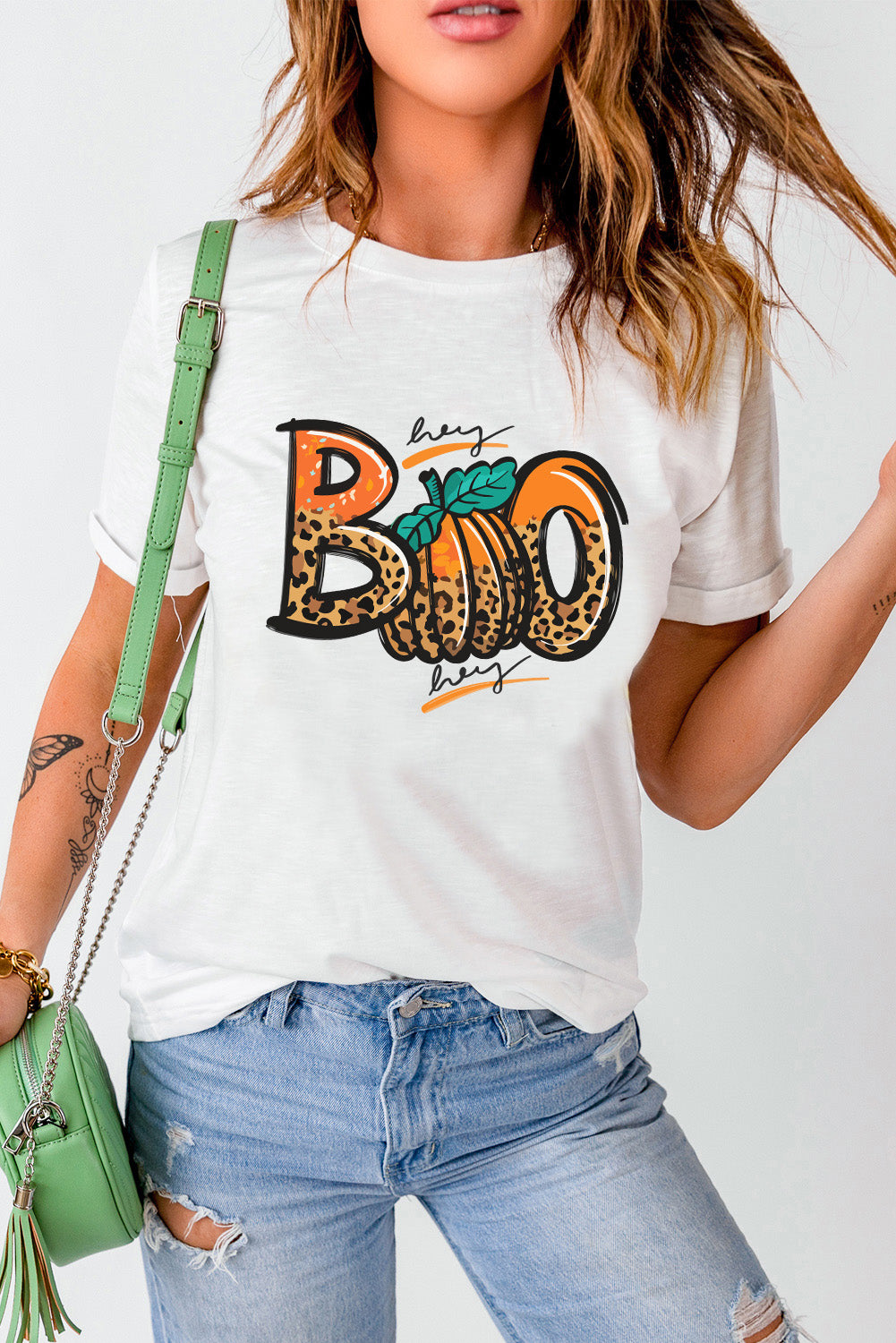 White BOO Pumpkin Leopard Print Crew Neck T Shirt Graphic Tees JT's Designer Fashion