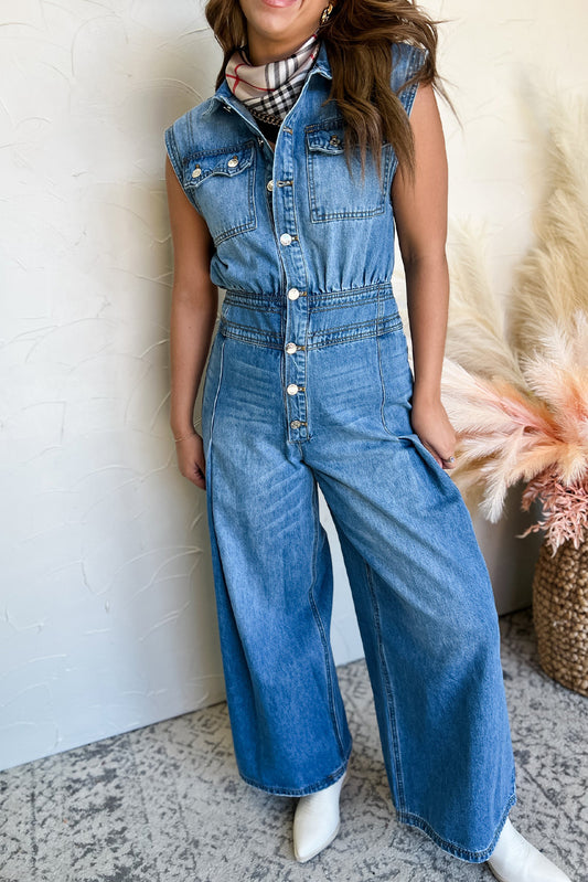 Ashleigh Blue Denim Flap Pockets Collared Sleeveless High Waist Wide Leg Jumpsuit Bottoms JT's Designer Fashion