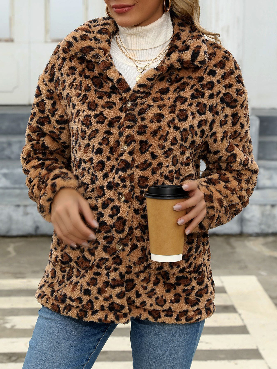 Button Up Drop Shoulder Fuzzy Jacket Leopard Long Sleeve Tops JT's Designer Fashion