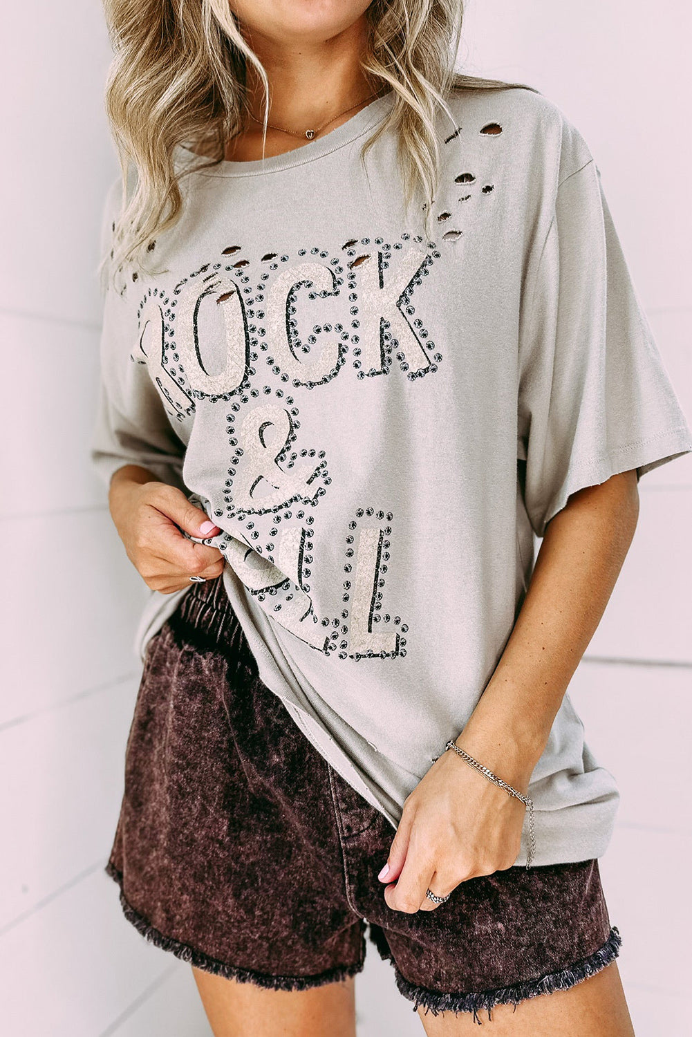 Gray Rock & Roll Graphic Distressed Oversized Tee Tops & Tees JT's Designer Fashion