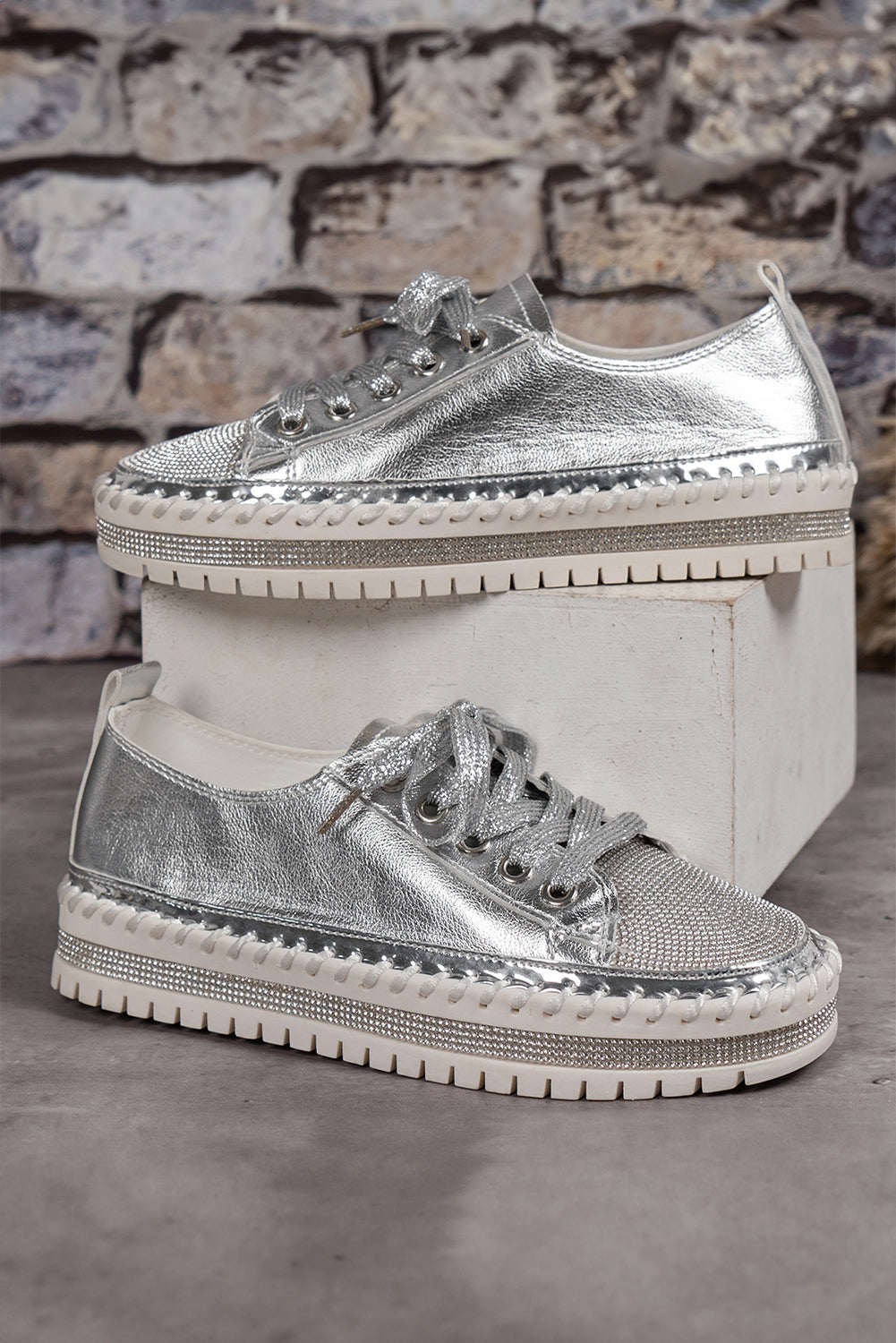 Silvery Rhinestone Metallic Sheen Lace-up Flat Shoes Women's Shoes JT's Designer Fashion