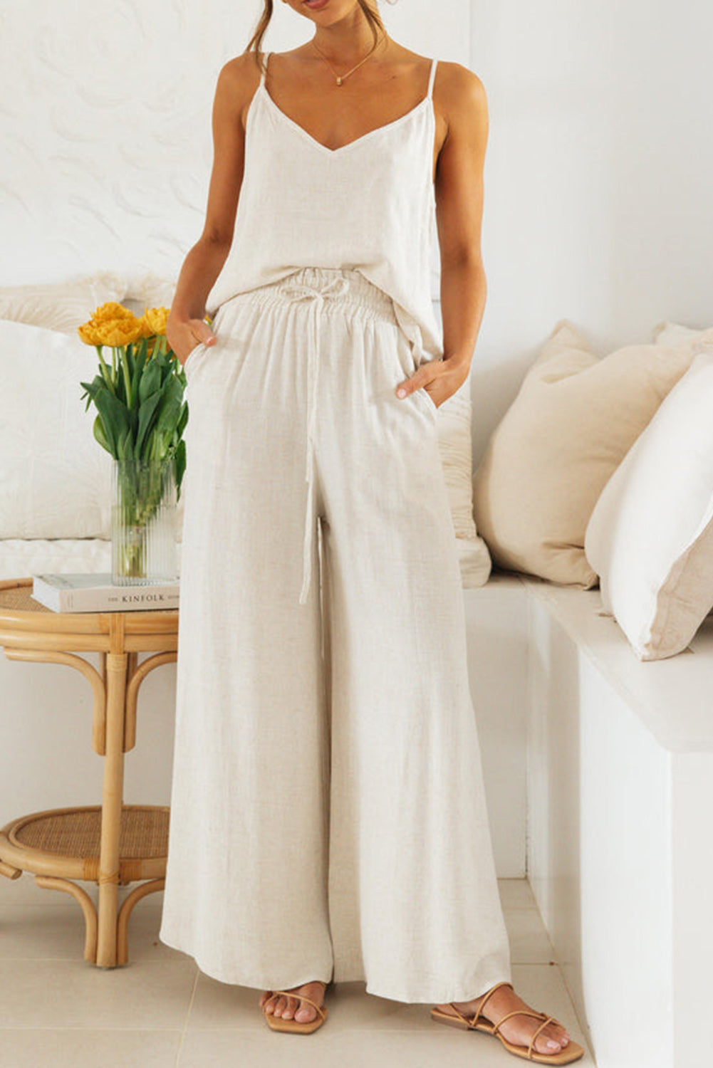 White Linen Spaghetti Straps Vest Wide Leg Pants Set Bottoms JT's Designer Fashion