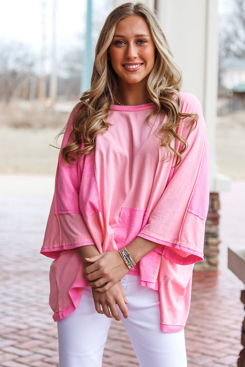 Pink Color Block Patchwork 3/4 Sleeve Loose Top Tops & Tees JT's Designer Fashion