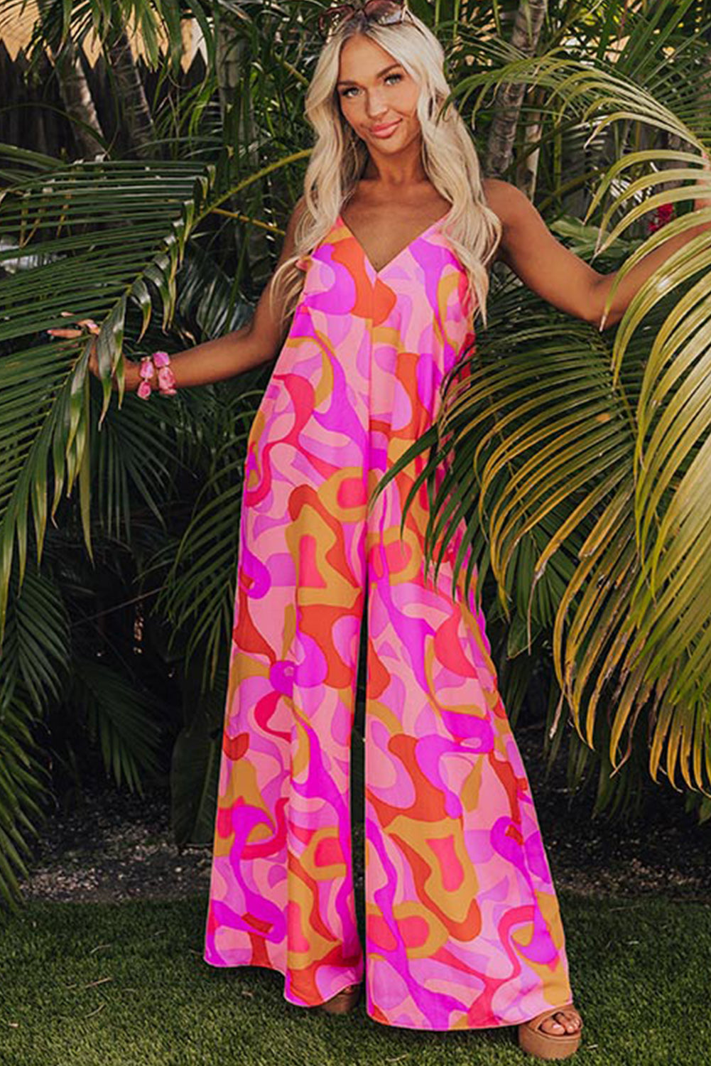 Pink Abstract Print V Neck Slouchy Wide Leg Jumpsuit Dresses JT's Designer Fashion