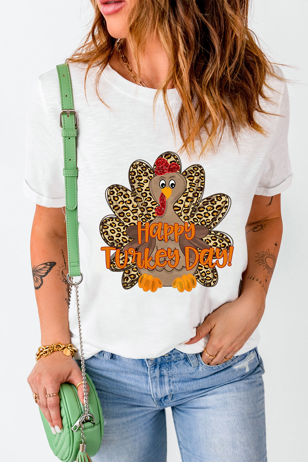 White Happy Turkey Day Leopard Print Crew Neck Loose T Shirt Graphic Tees JT's Designer Fashion