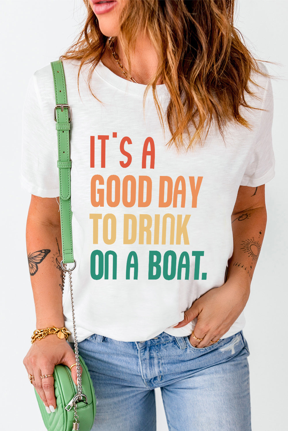 White IT'S A GOOD DAY TO DRINK ON A BOAT Slogan Graphic Tee White 95%Polyester+5%Spandex Graphic Tees JT's Designer Fashion