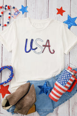 White Sequin USA Graphic Crew Neck Patriotic Tee Graphic Tees JT's Designer Fashion