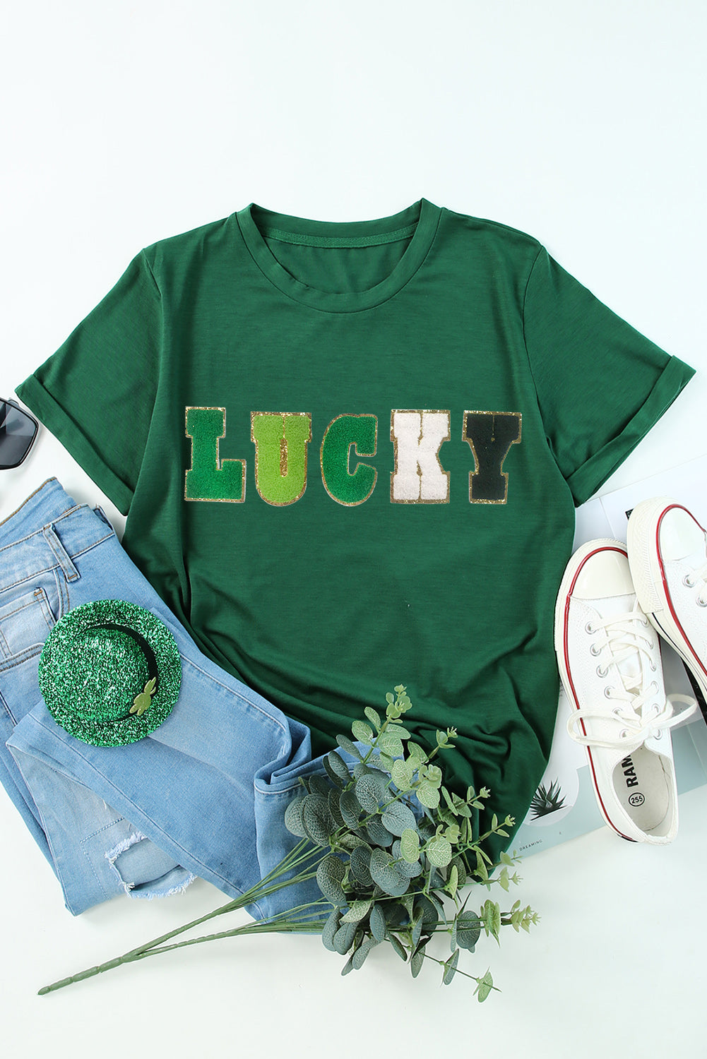 Green LUCKY Glitter Chenille Patched Crew Neck T Shirt Graphic Tees JT's Designer Fashion