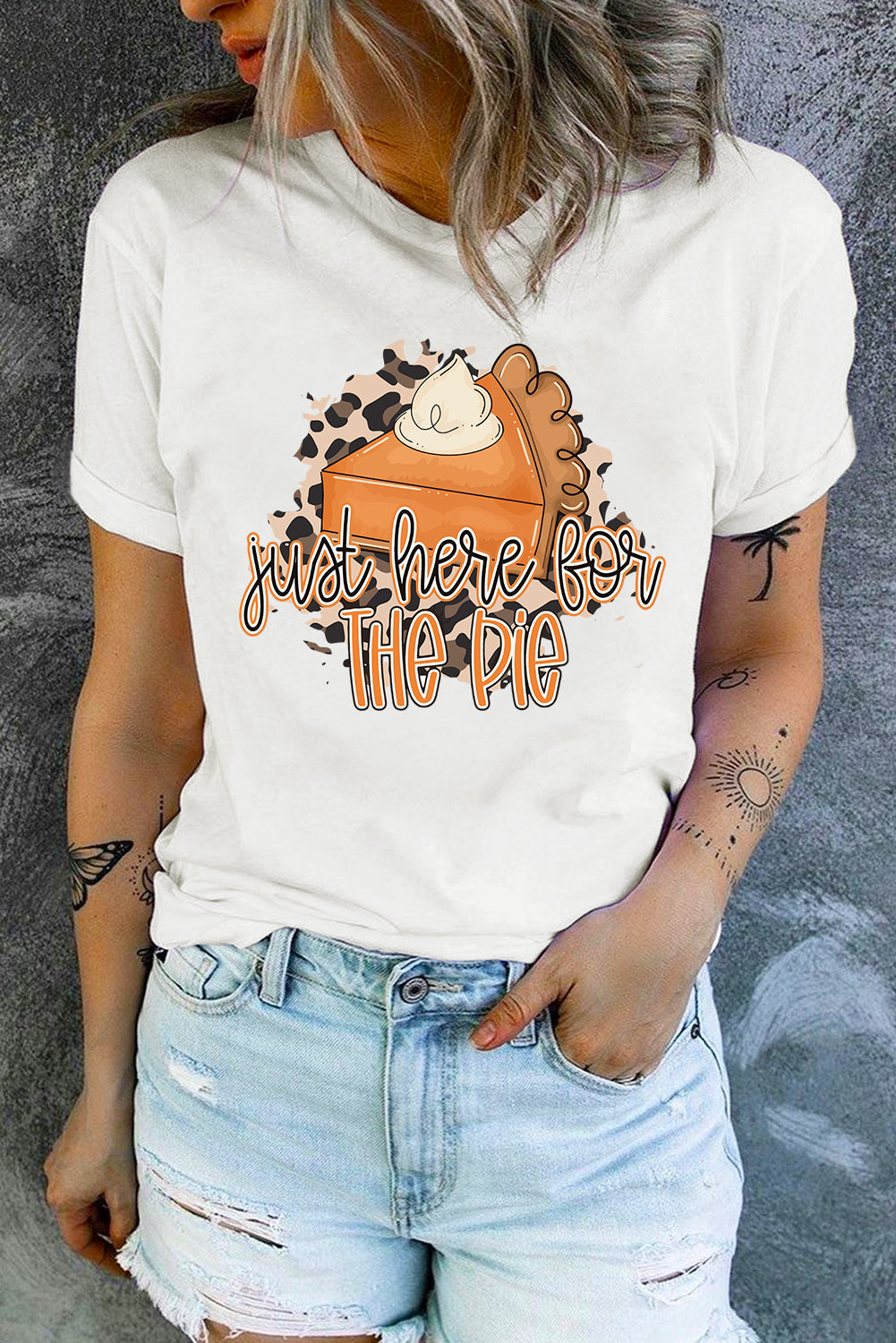 White Just Here For The Pie Crewneck Thanksgiving T Shirt Graphic Tees JT's Designer Fashion