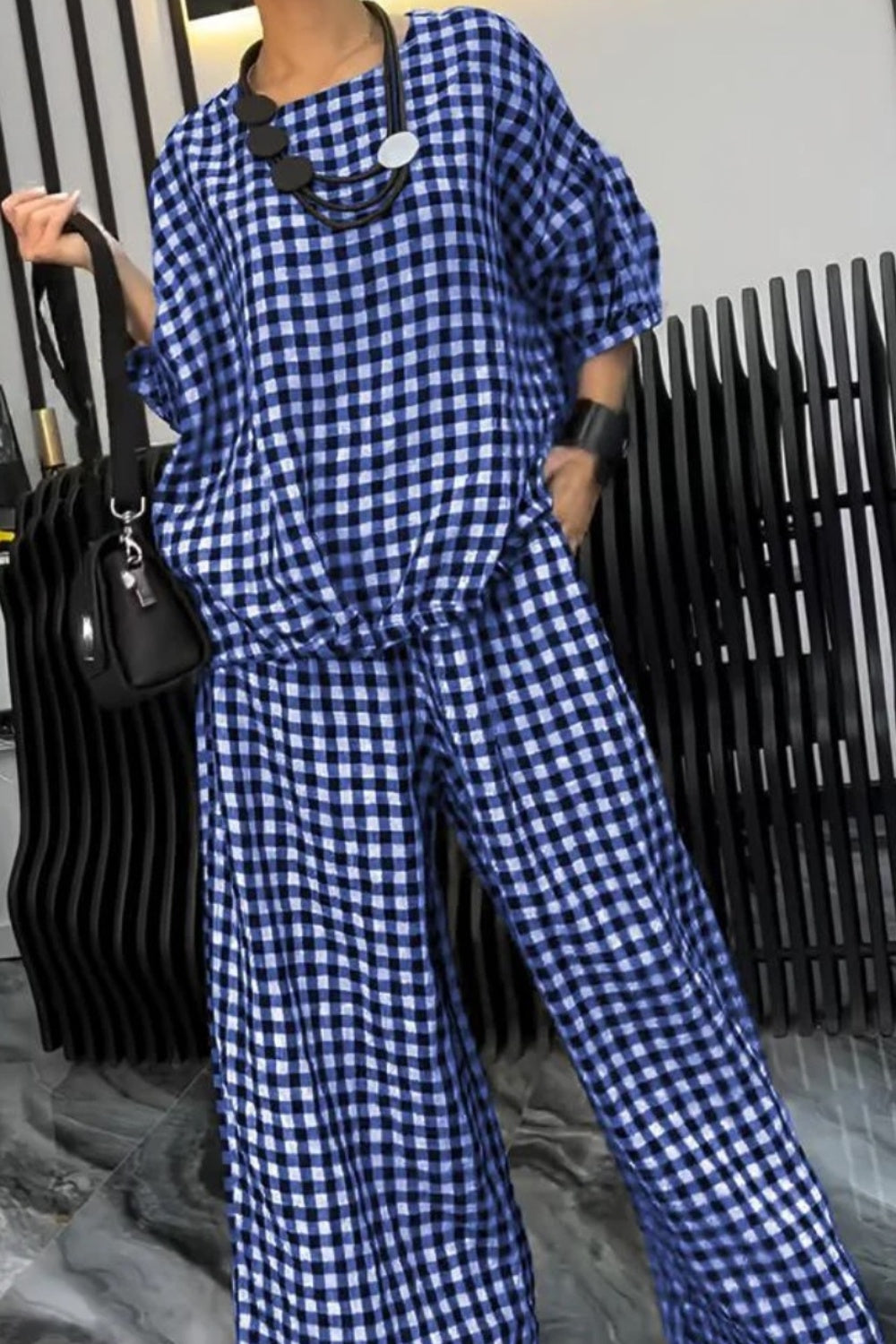 Full Size Plaid Round Neck Half Sleeve Top and Pants Set Royal Blue Pant Sets JT's Designer Fashion