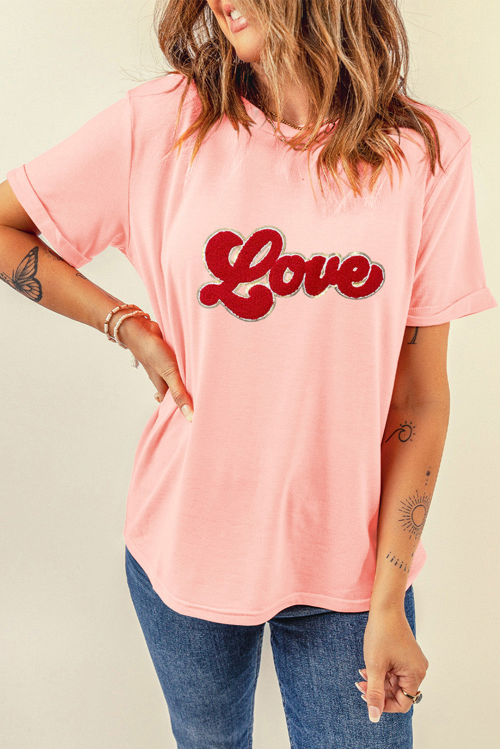 Pink Chenille Love Patched Pattern Round Neck Valentines T Shirt Graphic Tees JT's Designer Fashion