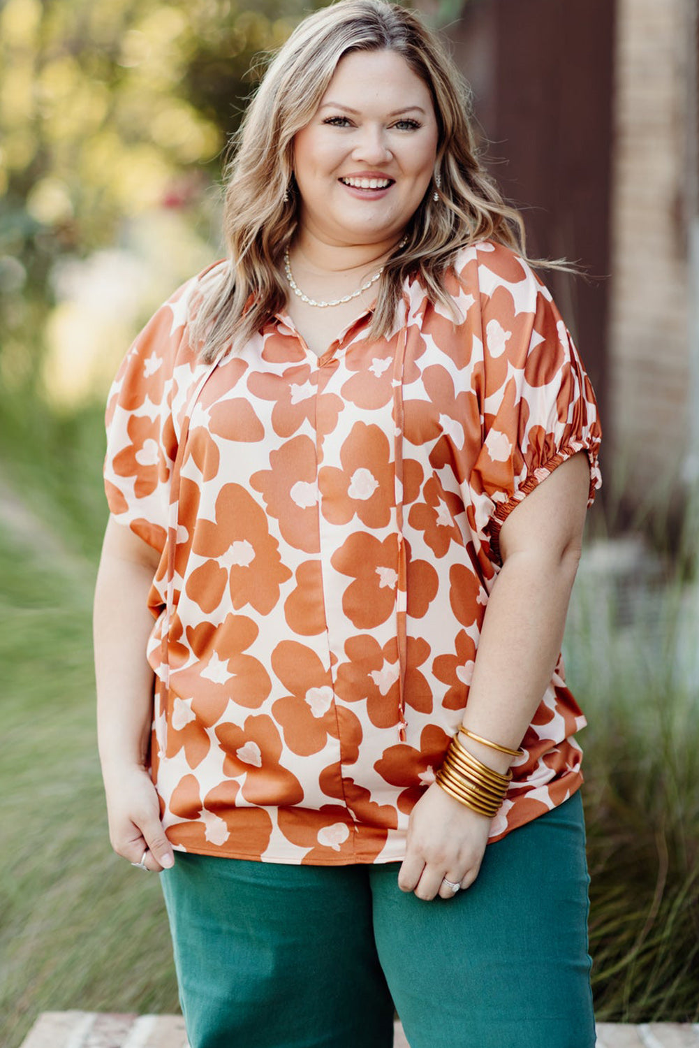 Orange Plus Size Floral Print Drawstring V Neck Short Sleeve Blouse Plus Size JT's Designer Fashion