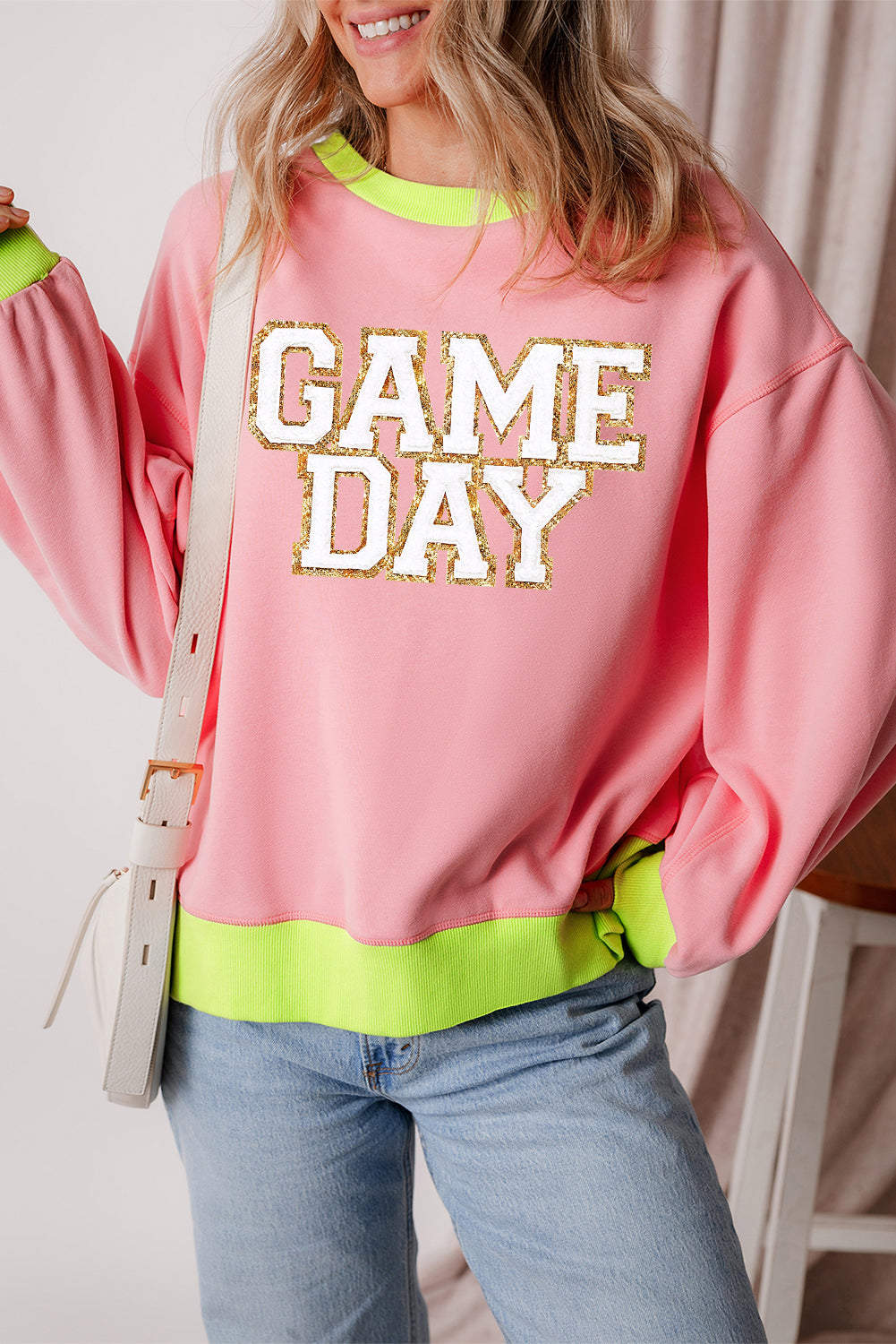 Pink GAME DAY Glitter Color Block Crew Neck Sweatshirt Graphic Sweatshirts JT's Designer Fashion