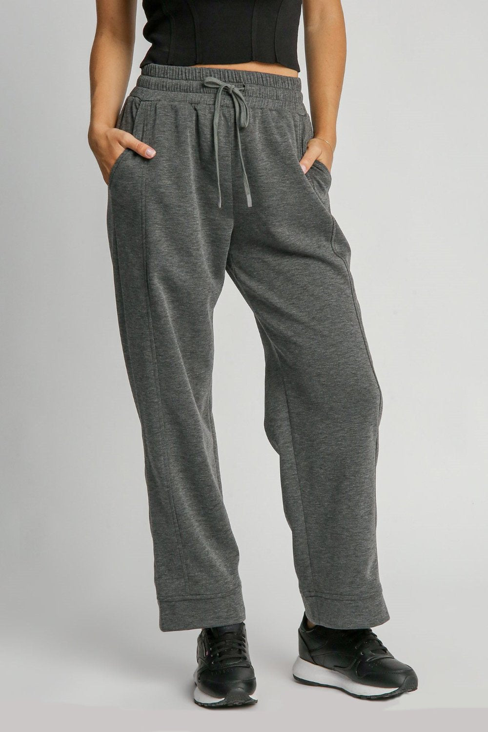 Umgee Full Size Drawstring Wide Leg Pants with Pockets Dark Gray Pants & Culotte JT's Designer Fashion