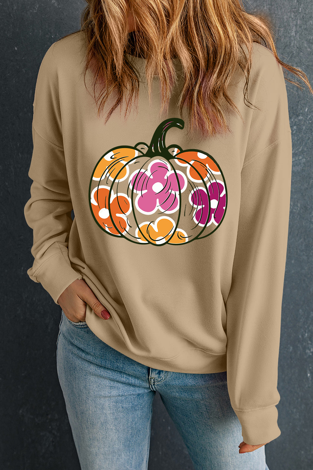 Khaki Halloween Floral Pumpkin Graphic Drop Shoulder Sweatshirt Graphic Sweatshirts JT's Designer Fashion