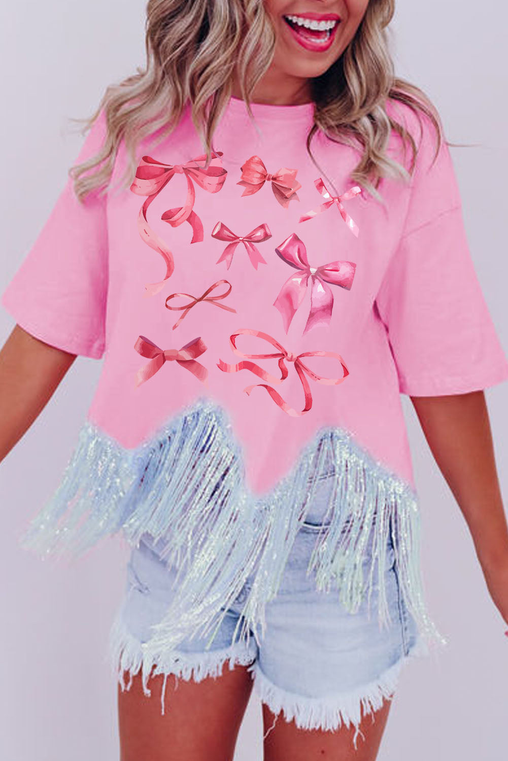 Pink Sweet Bowknot Graphic Fringed Hem T-shirt Graphic Tees JT's Designer Fashion