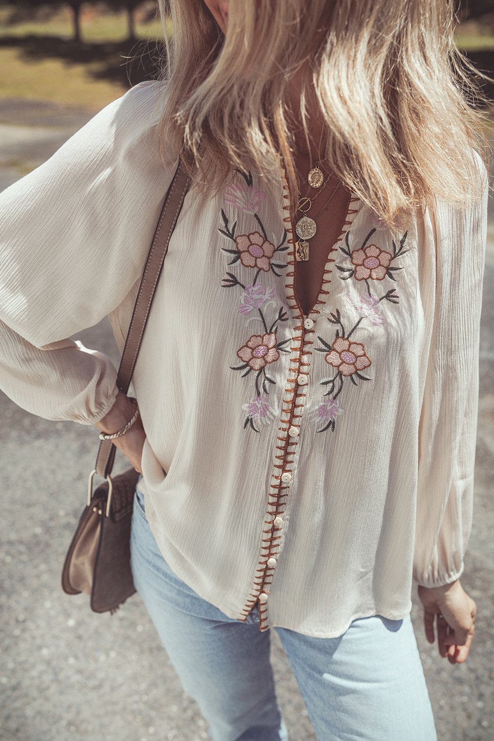 Beige Floral Embroidered Textured Puff Sleeve Loose Shirt Blouses & Shirts JT's Designer Fashion