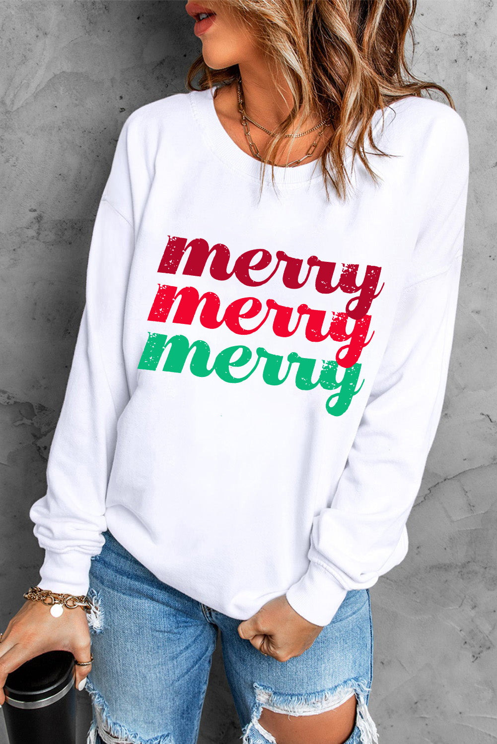 Beige merry merry merry Printed Christmas Sweatshirt Graphic Sweatshirts JT's Designer Fashion