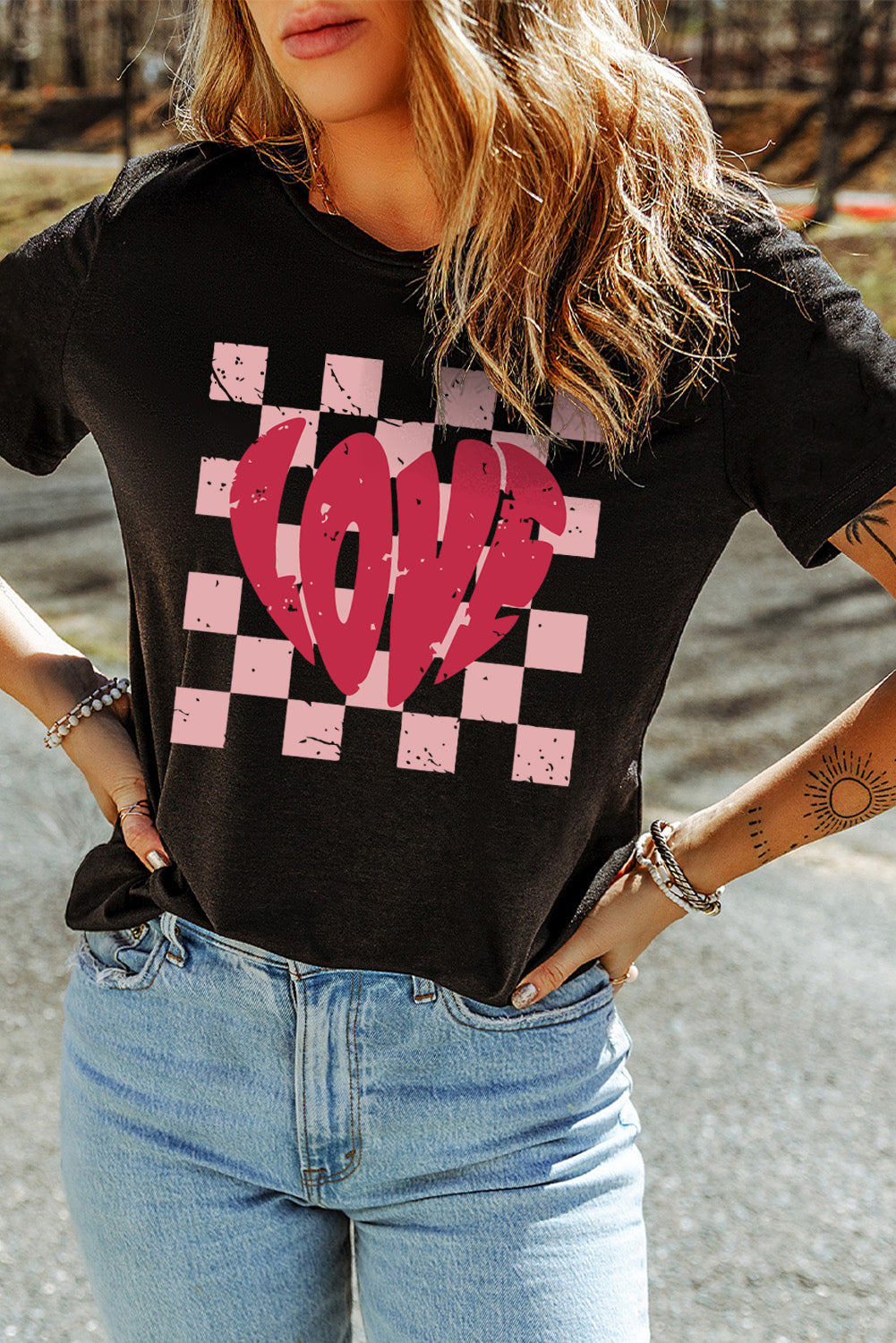 Black LOVE Checkered Graphic Valentine Tee Graphic Tees JT's Designer Fashion