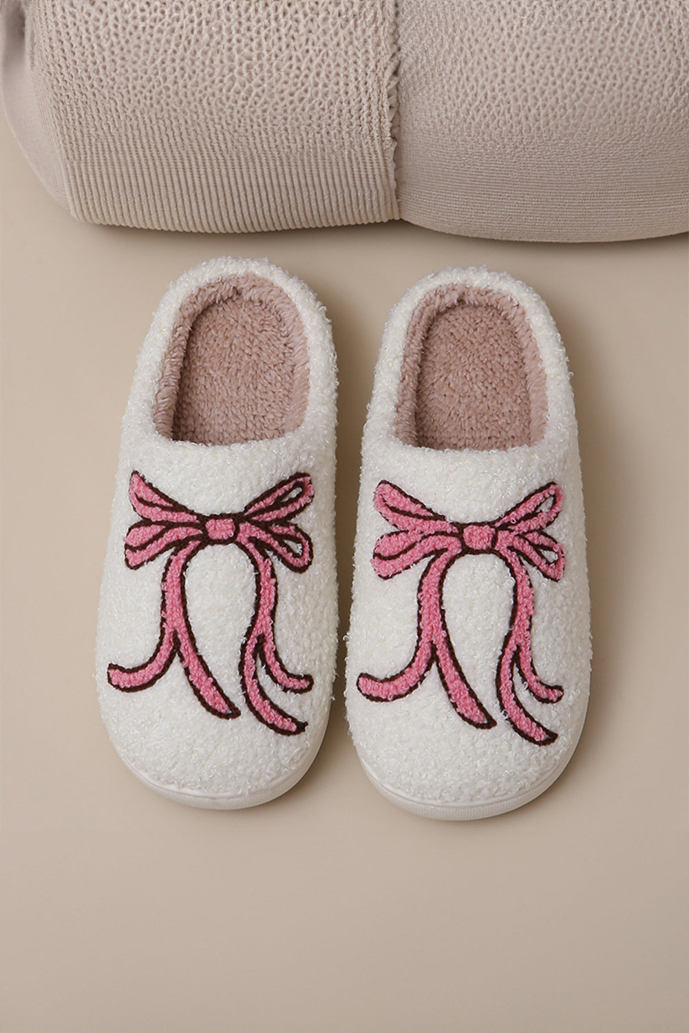 White Bow Knot Pattern Plush Warm Slippers Slippers JT's Designer Fashion