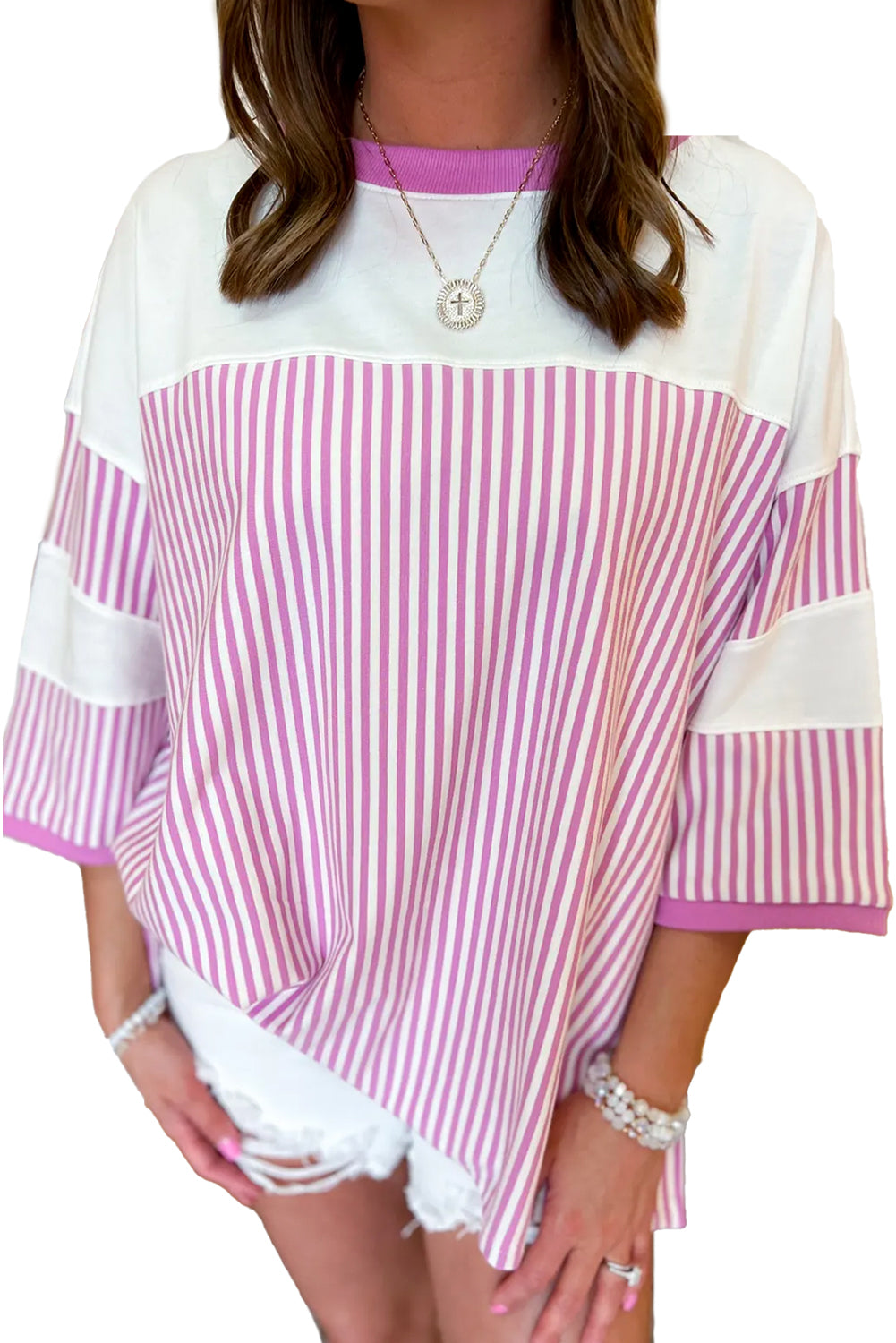 Phalaenopsis Striped Patchwork 3/4 Sleeve Oversize Top Tops & Tees JT's Designer Fashion