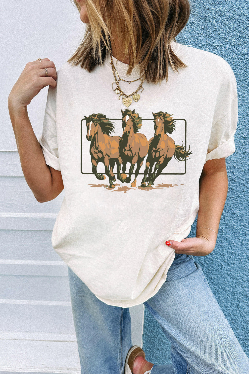 White Texas Horse Graphic Cuffed Sleeve Graphic T Shirt Graphic Tees JT's Designer Fashion