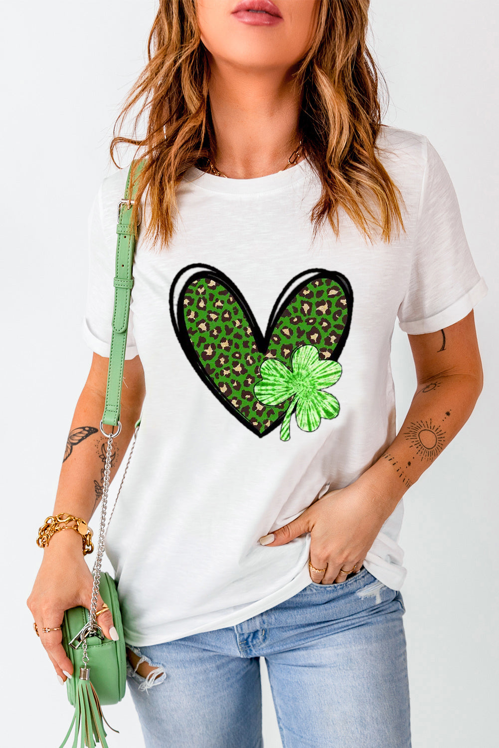 White Clover Leopard Heart Shaped Print Crewneck Graphic Tee Graphic Tees JT's Designer Fashion