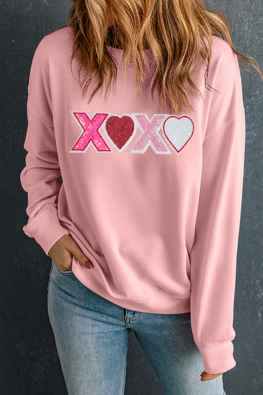 Pink Sequin Heart XOXO Graphic Drop Shoulder Valentines Sweatshirt Pink 50%Polyester+50%Cotton Graphic Sweatshirts JT's Designer Fashion