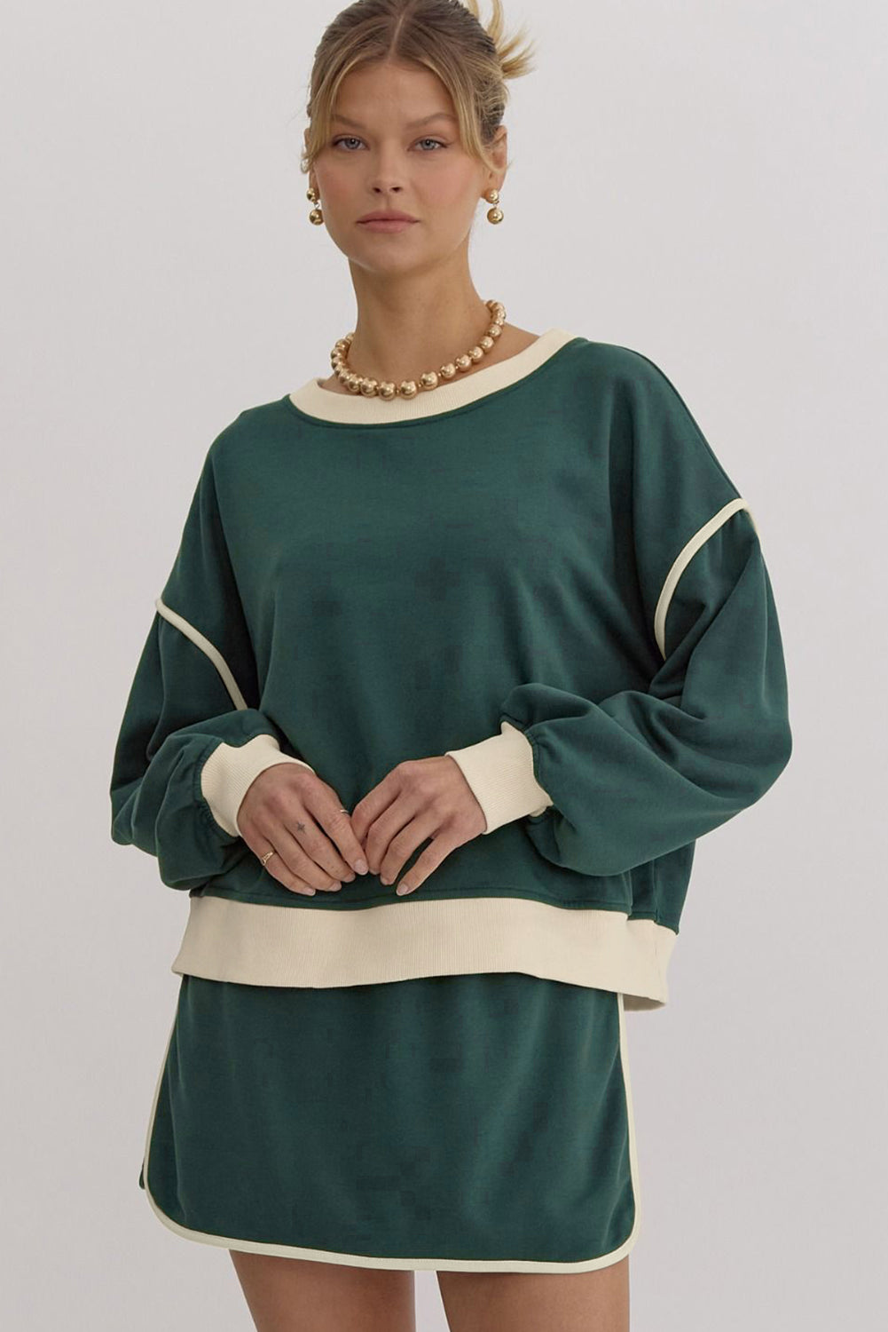 Evergreen Color Contrast Loose Pullover and Lace-up Waist Skort Set Two Piece Dresses JT's Designer Fashion