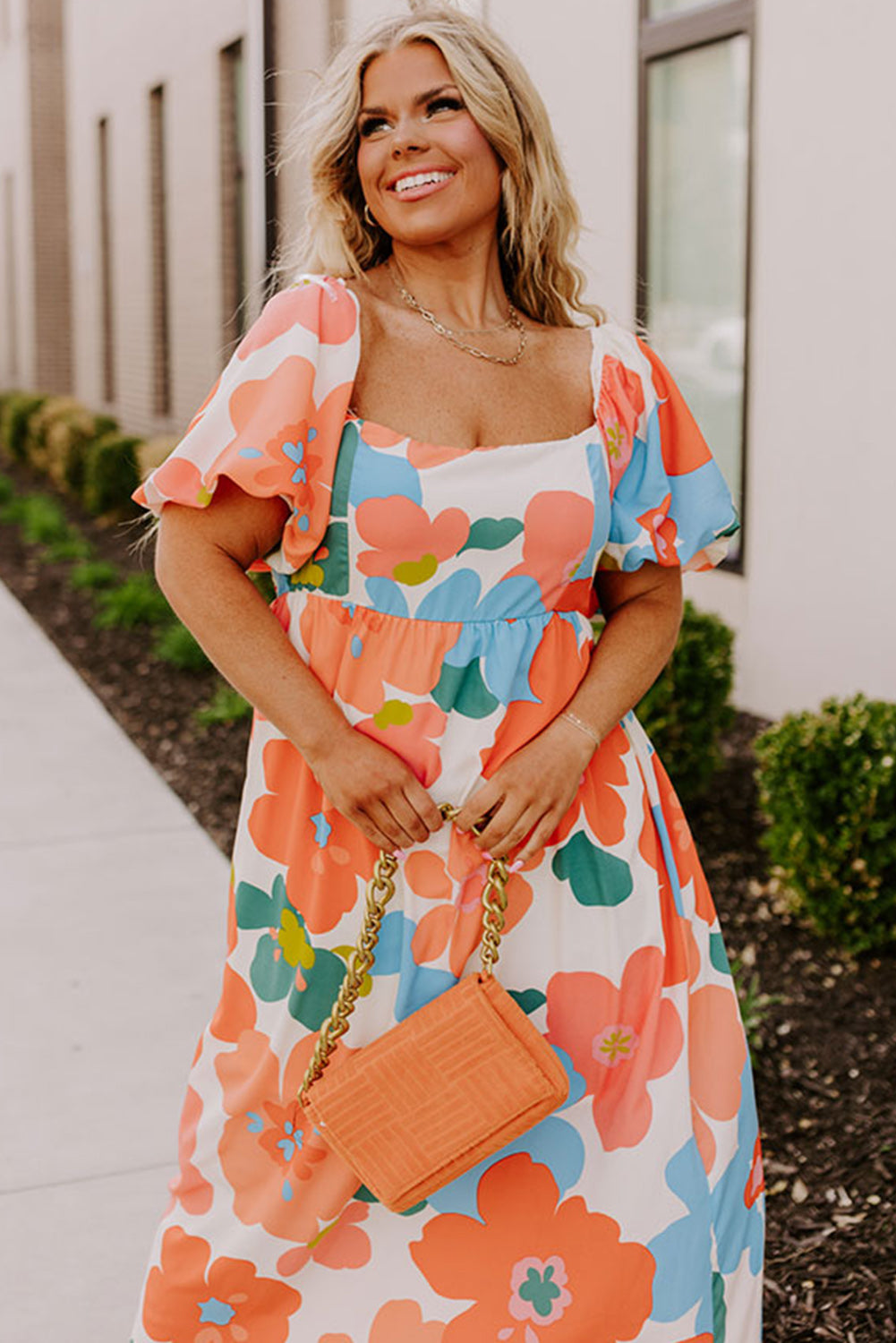 Orange Plus Size Flower Print Shirred Square Neck Maxi Dress Plus Size JT's Designer Fashion