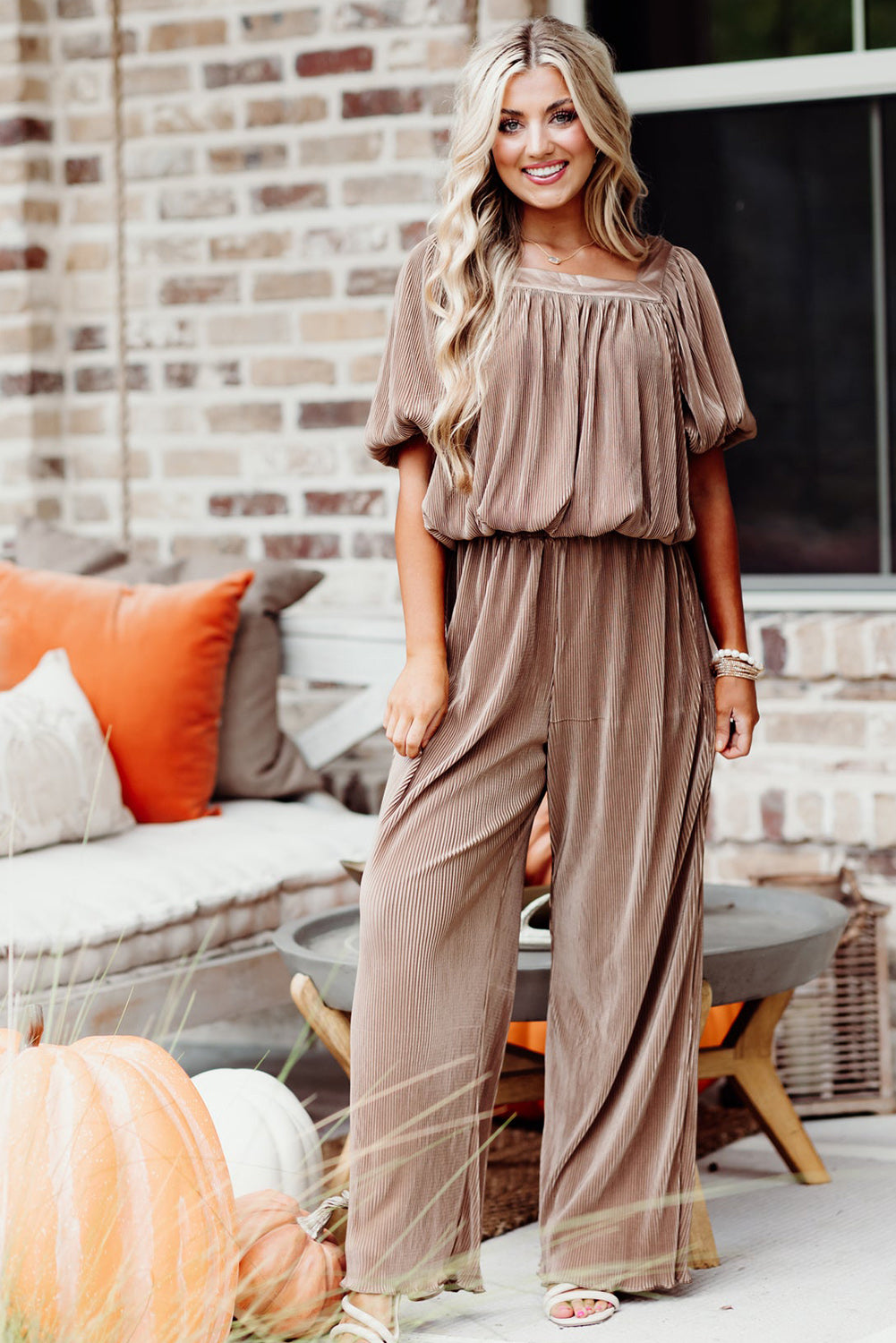 Smoke Gray Corded Square Neck Puff Sleeve Top Wide Leg Pants Set Bottoms JT's Designer Fashion