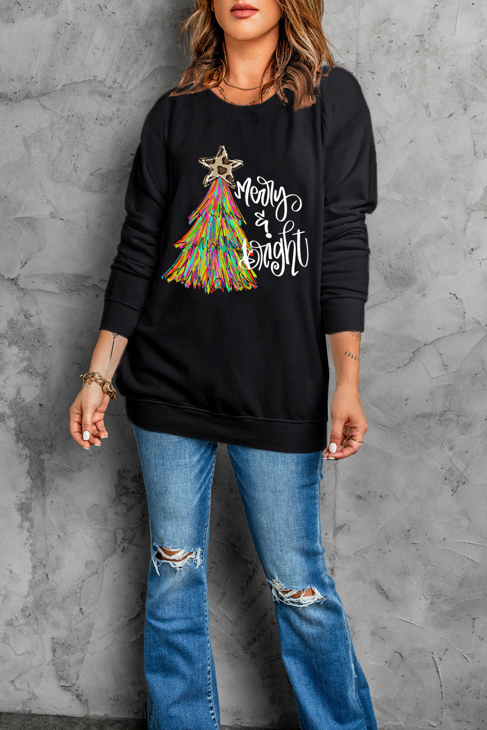 Black Merry & Bright Christmas Tree Graphic Sweatshirt Graphic Sweatshirts JT's Designer Fashion