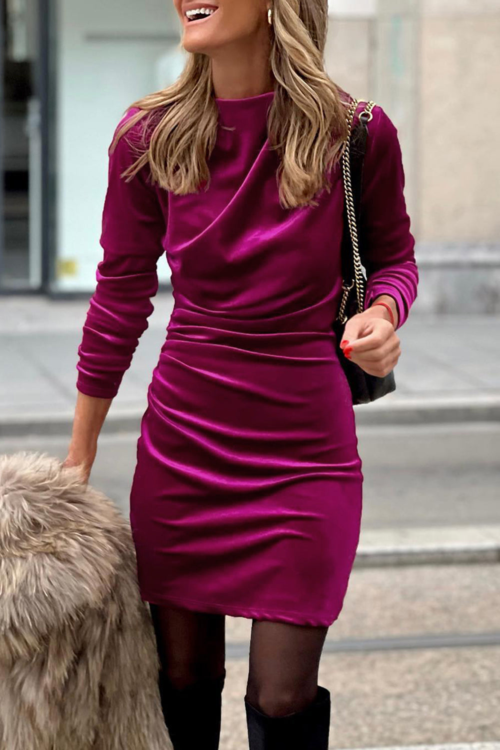 Pitaya Pink Velvet Mock Neck Ruched Long Sleeve Bodycon Dress Bodycon Dresses JT's Designer Fashion