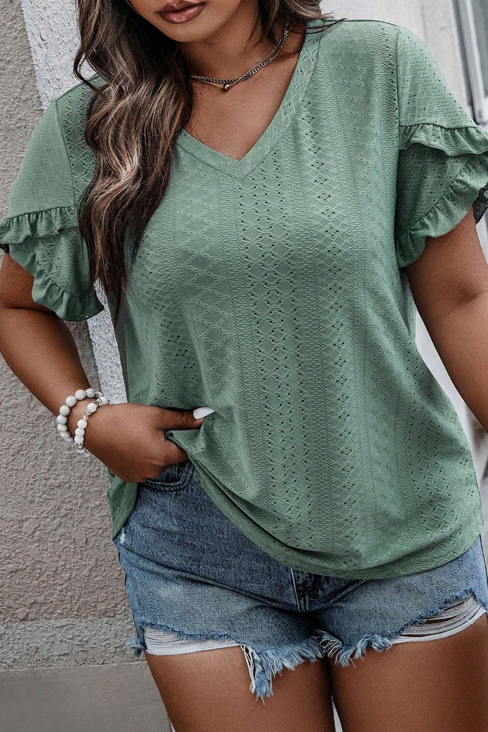 Laurel Green Petal Sleeve Jacquard V Neck Curvy Blouse Plus Size JT's Designer Fashion