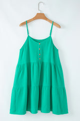 Sea Green Textured Buttoned Thin Strap Tiered Loose Fit Mini Dress Mini Dresses JT's Designer Fashion
