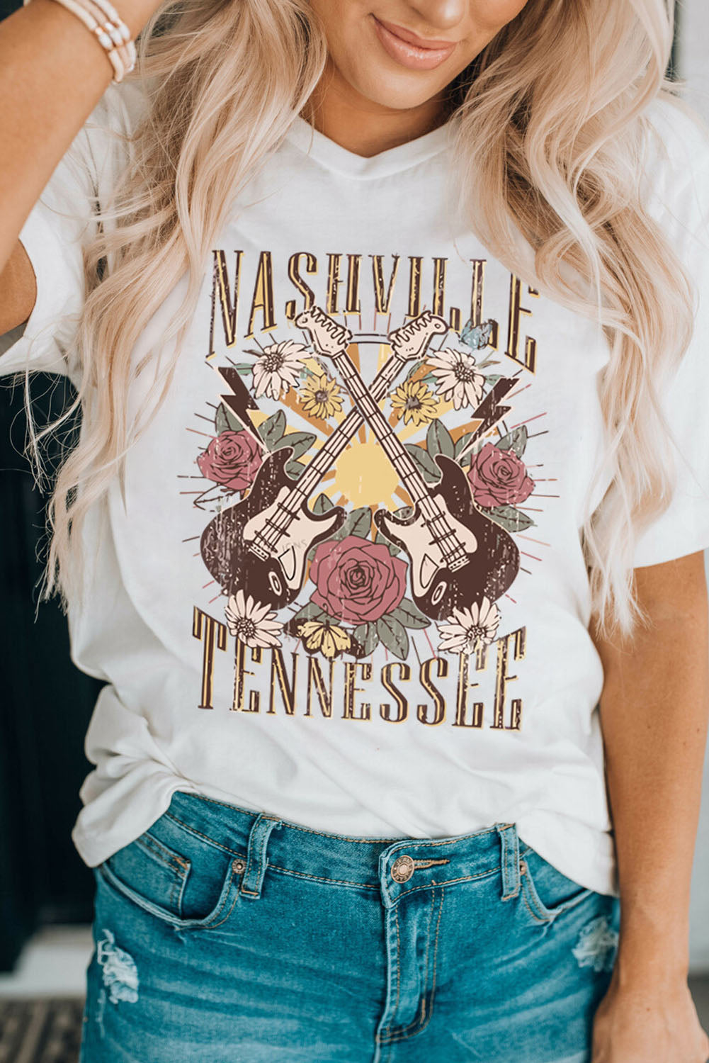 White Nashville Tennessee Guitar Rose Graphic Crewneck Tee White 95%Polyester+5%Elastane Graphic Tees JT's Designer Fashion