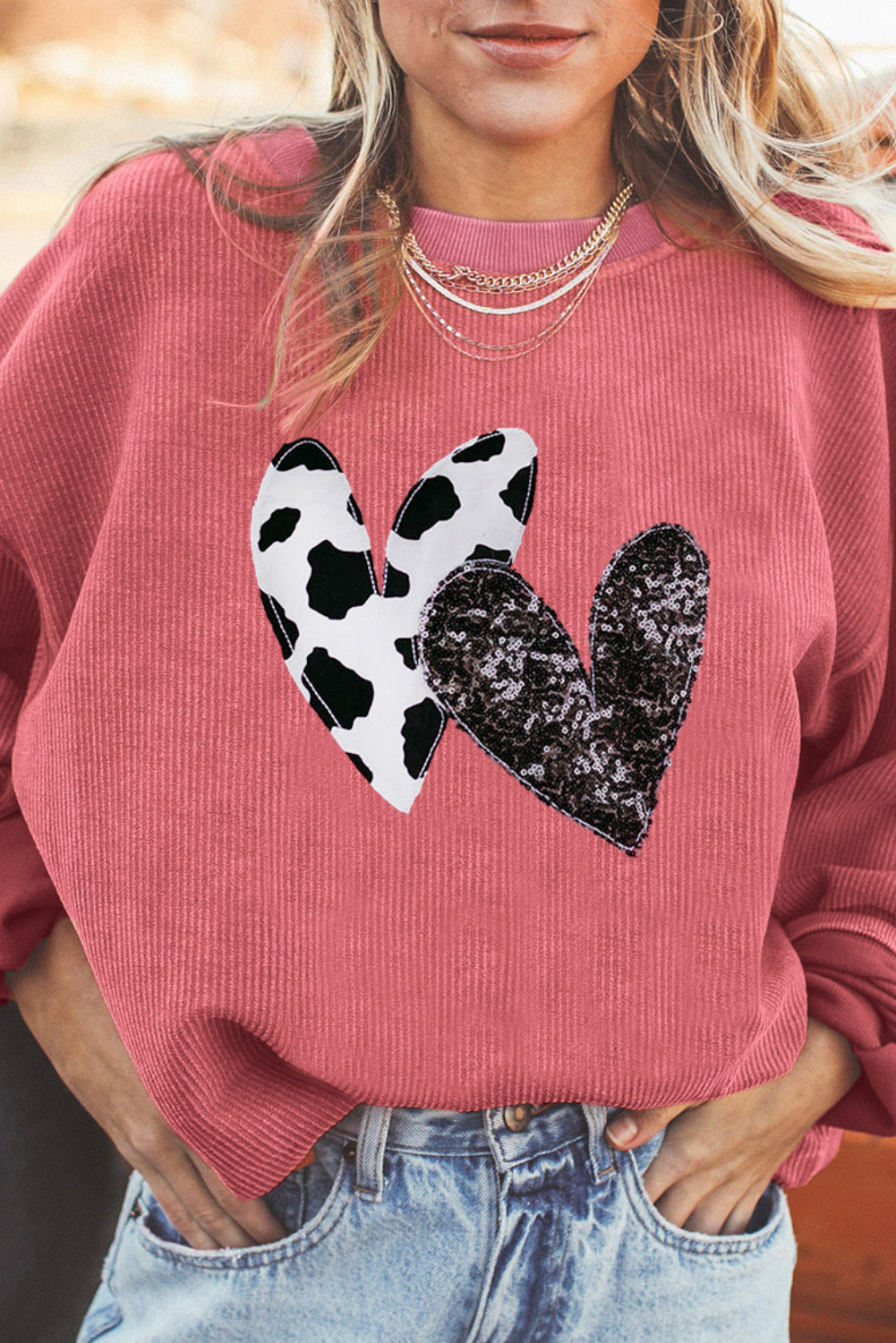 Strawberry Pink Leopard Sequin Heart Graphic Corded Sweatshirt Strawberry Pink 100%Polyester Graphic Sweatshirts JT's Designer Fashion