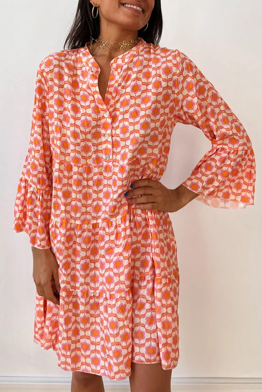 Orange Floral Print Flounce Sleeve Buttoned Front Mini Dress Floral Dresses JT's Designer Fashion