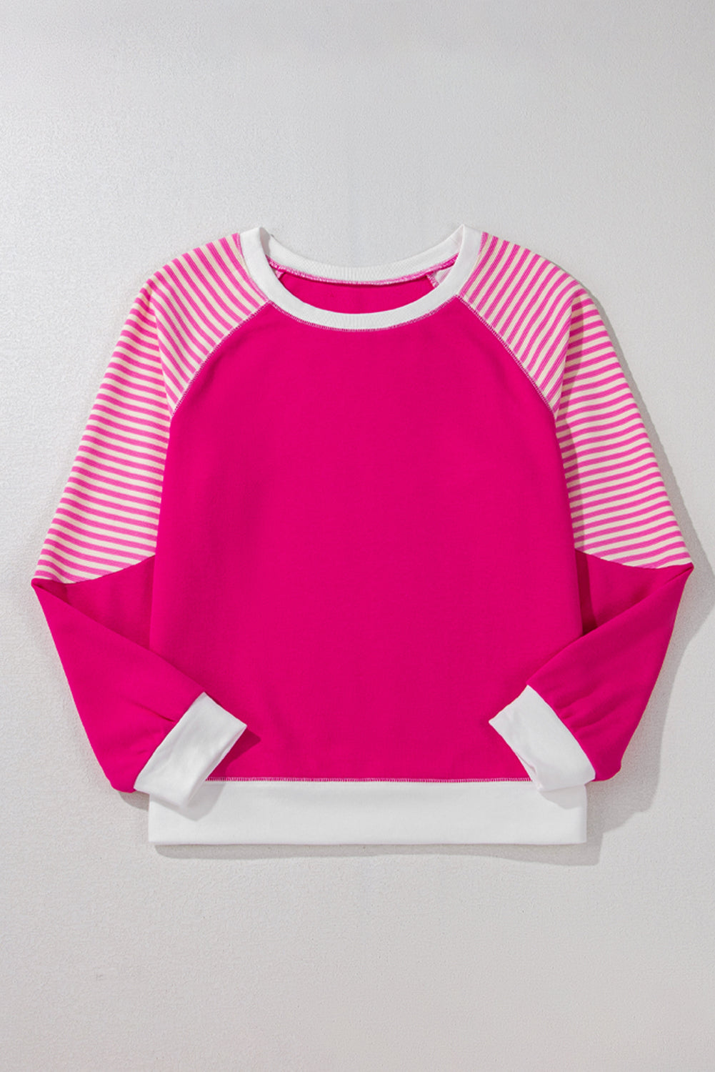 Strawberry Pink Striped Patchwork Crew Neck Raglan Sleeve Top Long Sleeve Tops JT's Designer Fashion