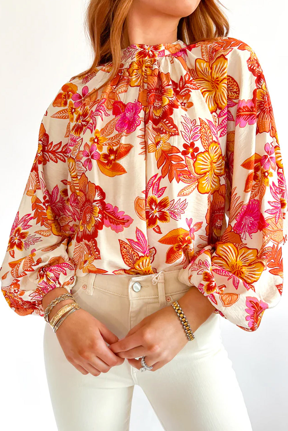 Orange Floral Print Pearl Button Keyhole Long Puff Sleeve Blouse Blouses & Shirts JT's Designer Fashion