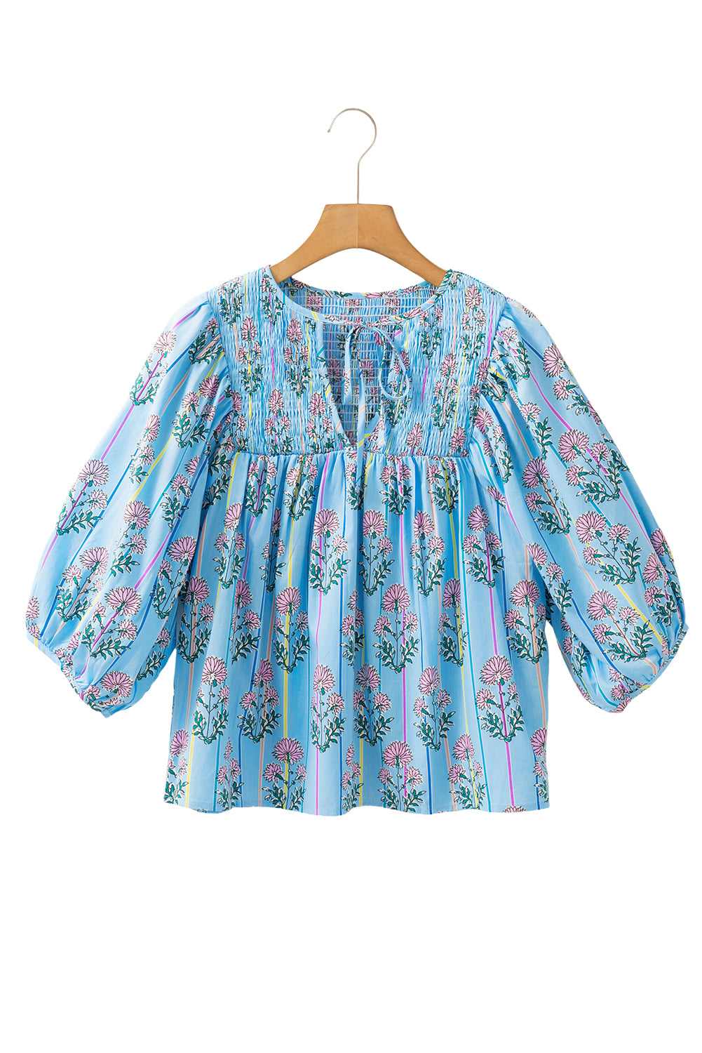 Sky Blue Floral Striped Print Tie Shirred Splie Neck Blouse Blouses & Shirts JT's Designer Fashion