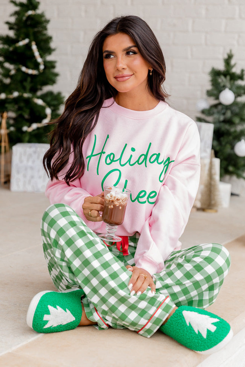 Pink Holiday Cheer Letter Graphic Christmas Slogan Sweatshirt Graphic Sweatshirts JT's Designer Fashion