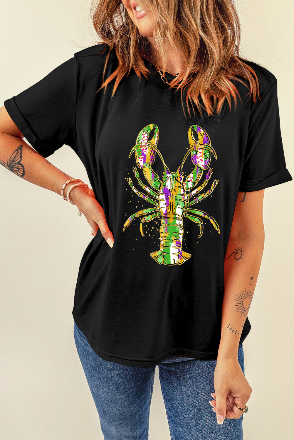 Black Mardi Gras Lobster Heat Transfer Graphic T Shirt Graphic Tees JT's Designer Fashion