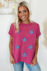 Rose Red Sequin Star Graphic Corded Side Split Patriotic T Shirt Graphic Tees JT's Designer Fashion