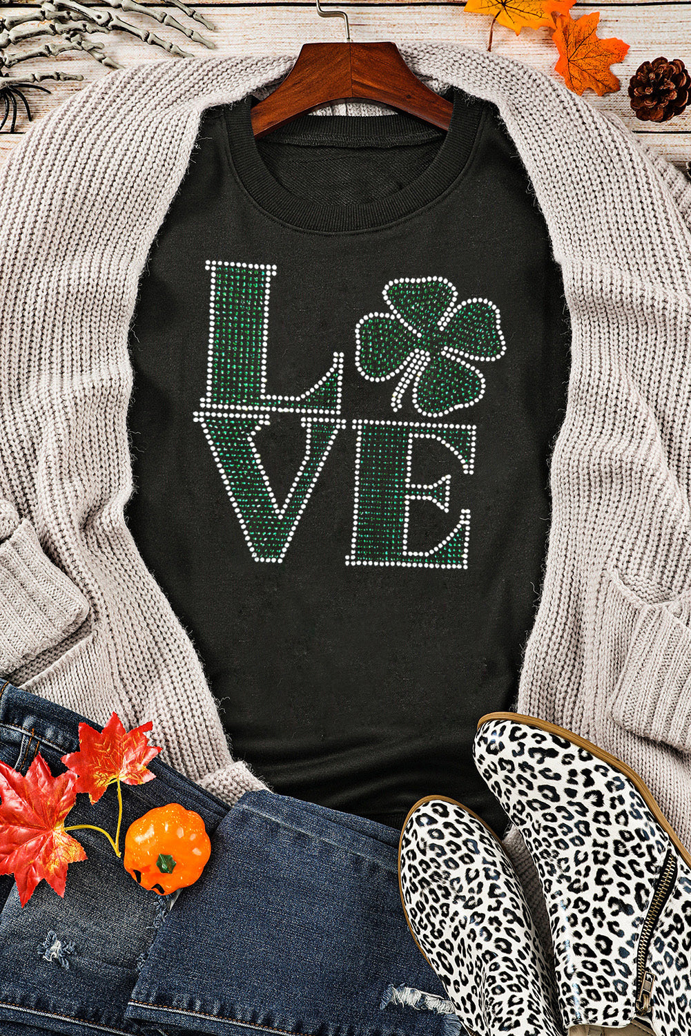 Black Rhinestone LOVE Clover Graphic St Patricks Pullover Sweatshirt Graphic Sweatshirts JT's Designer Fashion