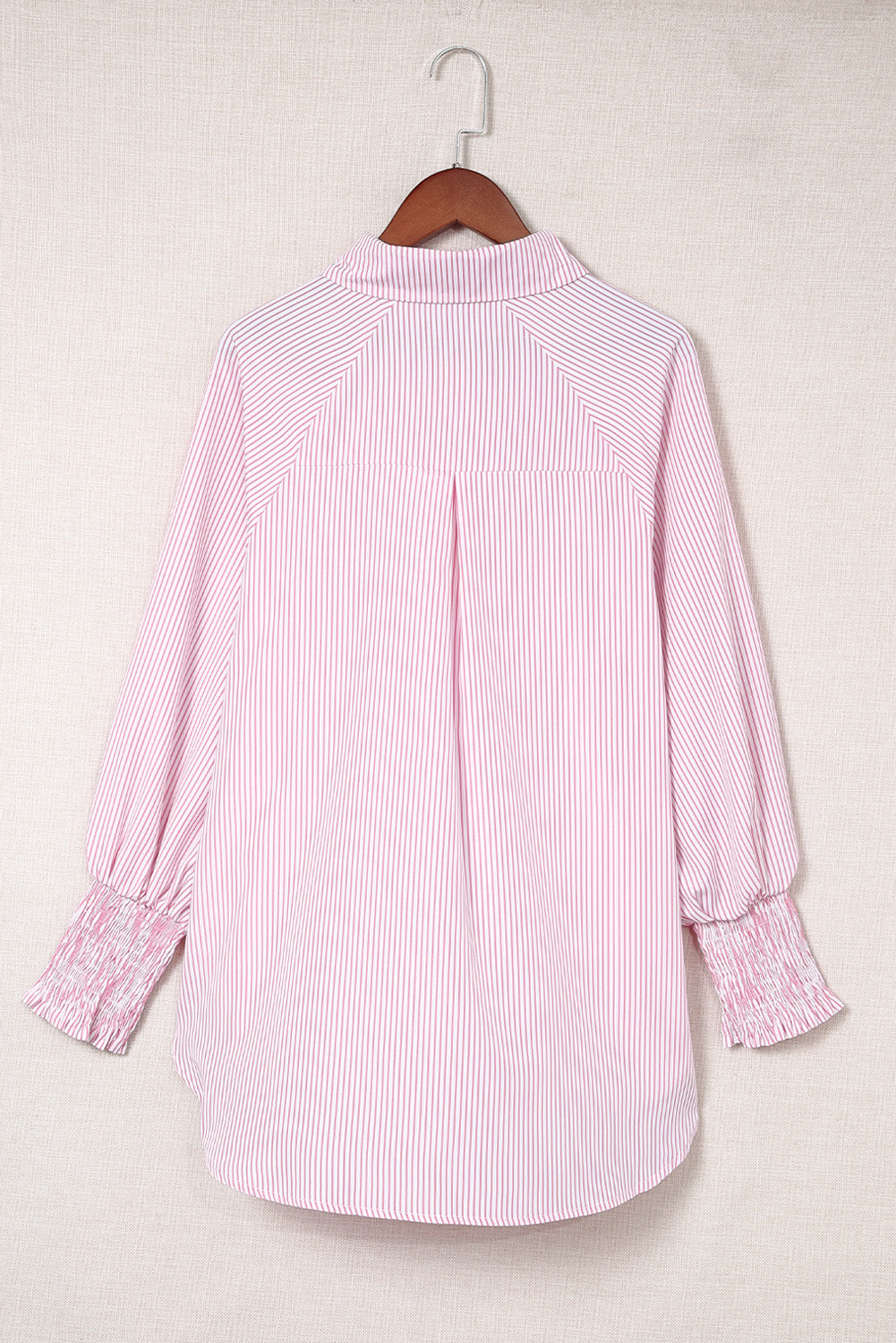 Pink Smocked Cuffed Striped Boyfriend Shirt with Pocket Blouses & Shirts JT's Designer Fashion