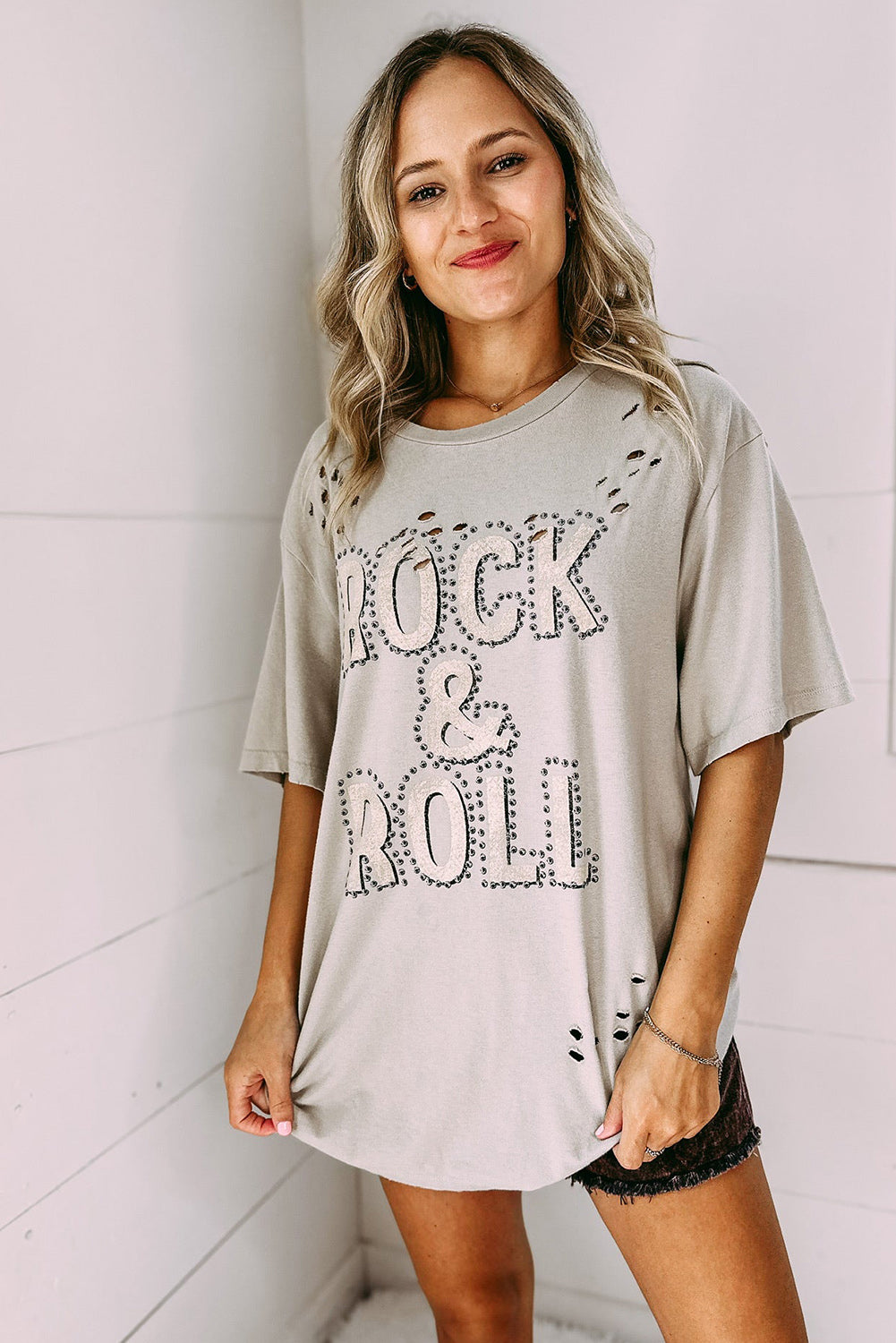 Gray Rock & Roll Graphic Distressed Oversized Tee Tops & Tees JT's Designer Fashion