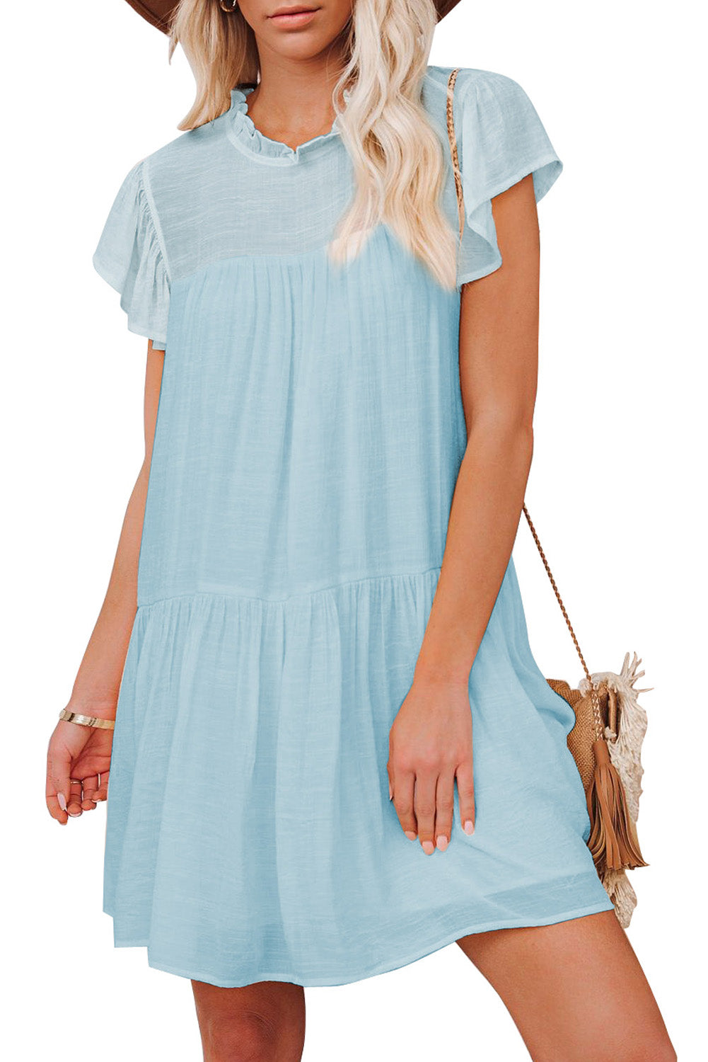 Sky Blue Frilled Neck Ruffle Swing Mini Dress with Pockets Mini Dresses JT's Designer Fashion