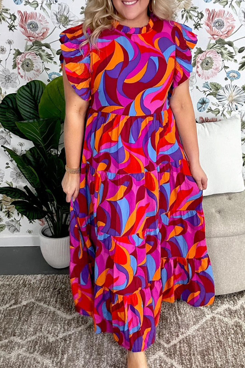 Multicolour Plus Abstract Print Ruffled Mock Neck Tiered Maxi Dress Maxi Dresses JT's Designer Fashion